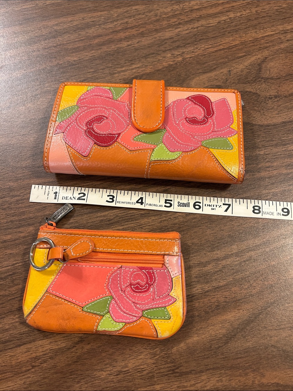 Fossil Orange Leather Floral Wallet & Coin Pouch